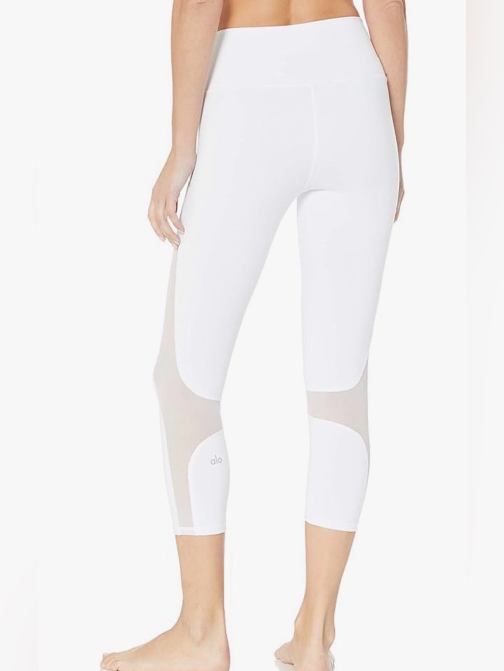 ALO Yoga White High-Rise Capri Leggings with Sheer Mesh Panels